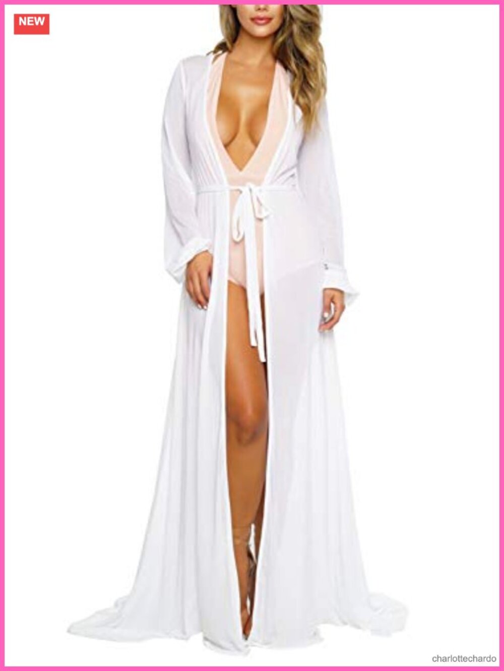 Women's Long Sleeve Sheer Maxi Swim Cover Up Tie Front Robe